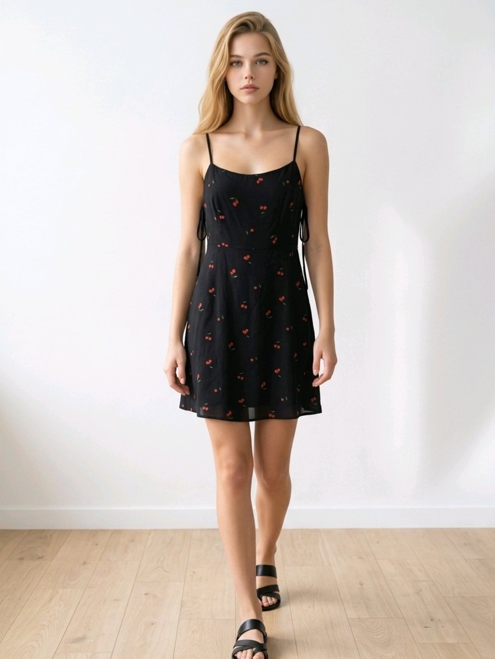 Free People Black Mini Dress with Red Cherry Print
